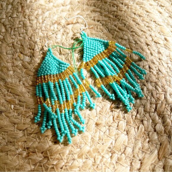 Sashka & Co Turquoise and Gold Seed Bead Fringe Earrings - Picture 1 of 1